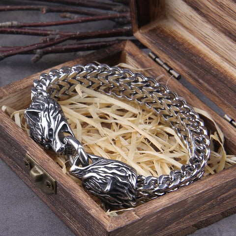 Never Fade Rock Viking Wolf Charm Bracelet Men's Stainless Steel Mesh Chain Gold Wolf Punk Jewelry without box