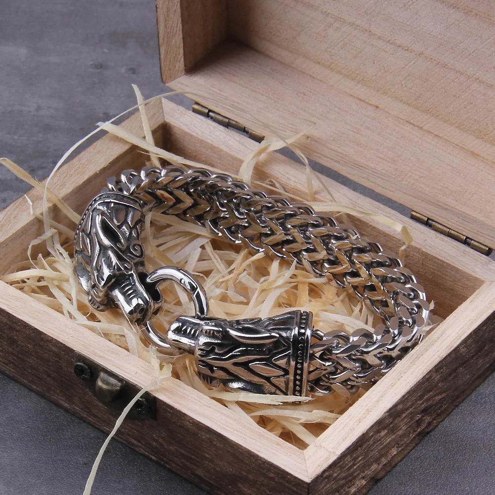 Never Fade Rock Viking Dragon Charm Bracelet Men's Stainless Steel Mesh Chain silver color Wolf Punk Bracelets Biker Jewelry