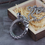 Never Fade Men Stainless steel Viking Self-devourer Ouroboros Valknut Amulet dragon Pendant Necklace with vikings wooden box