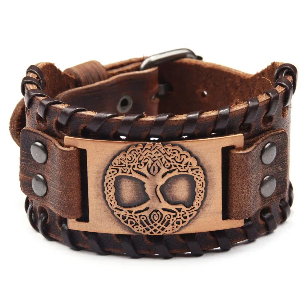Punk Braided Rope Alloy Bracelet Wristband Adjustable Genuine Leather Bracelet Mens Leather Viking Totem Wristbands Wide Bangle