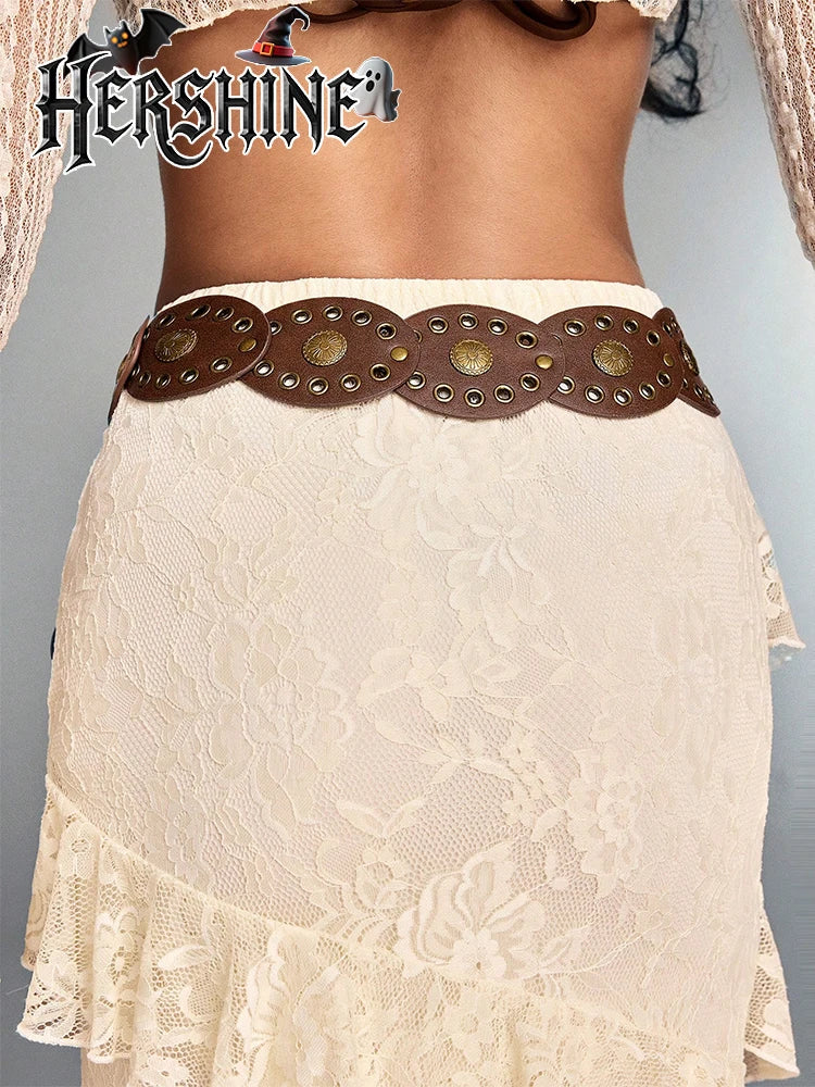 1 Pack Women's Hollow Flower Buckle Brown Oval Splicing Belt Belt Round Metal Eyelets Bohemian Western Style Viking Style