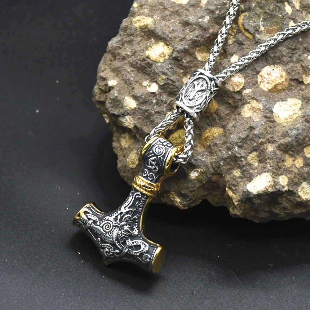 Norse Vikings Thor's Hammer Mjolnir Scandinavian Rune Amulet Keychain Stainless Steel Vegvisir Anchor Pendant Male Jewelry
