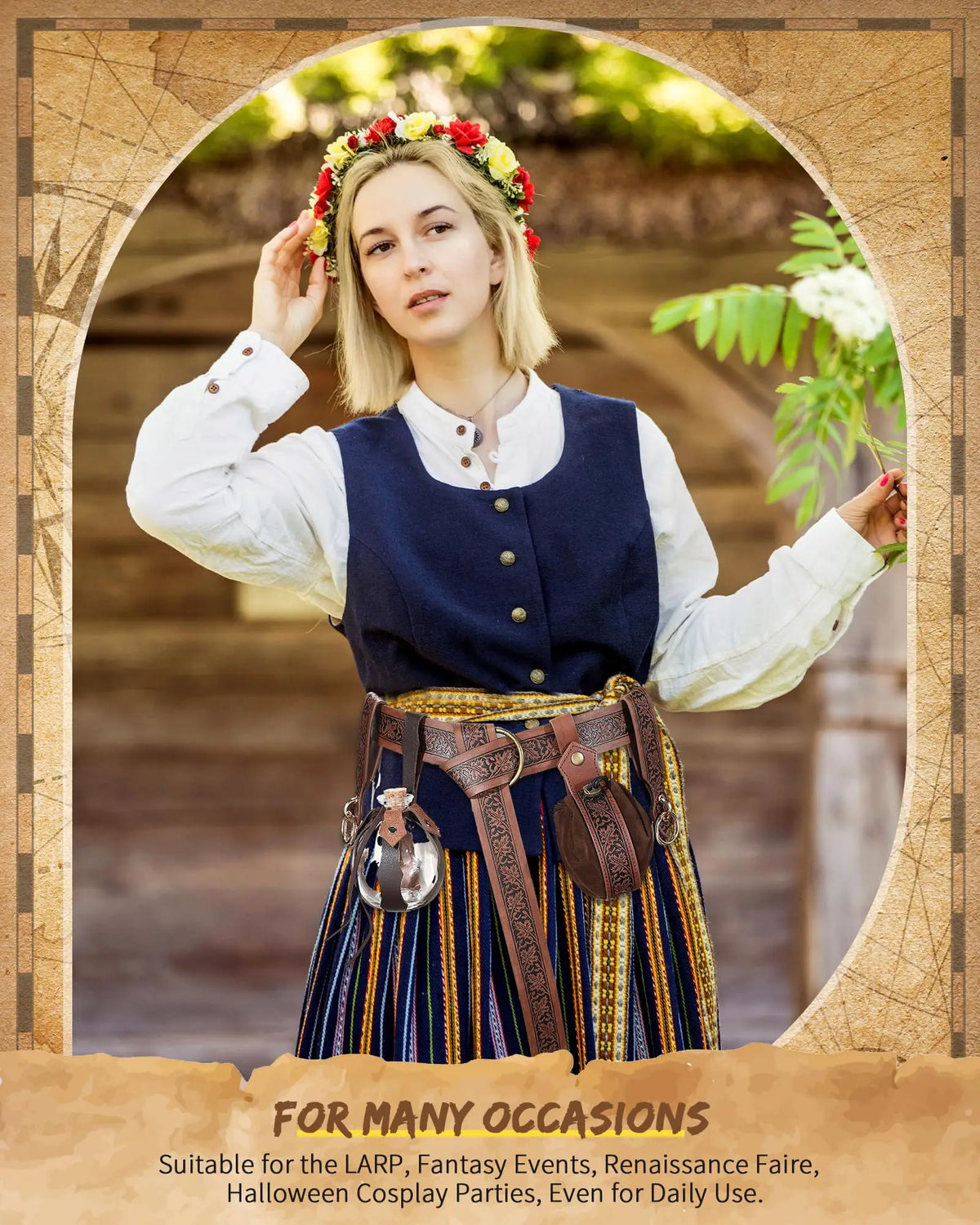 5-Piece Set of Unisex Renaissance Viking Steampunk, Medieval, Renaissance, Artificial Leather Belt, Hiking, Bottle, Wallet