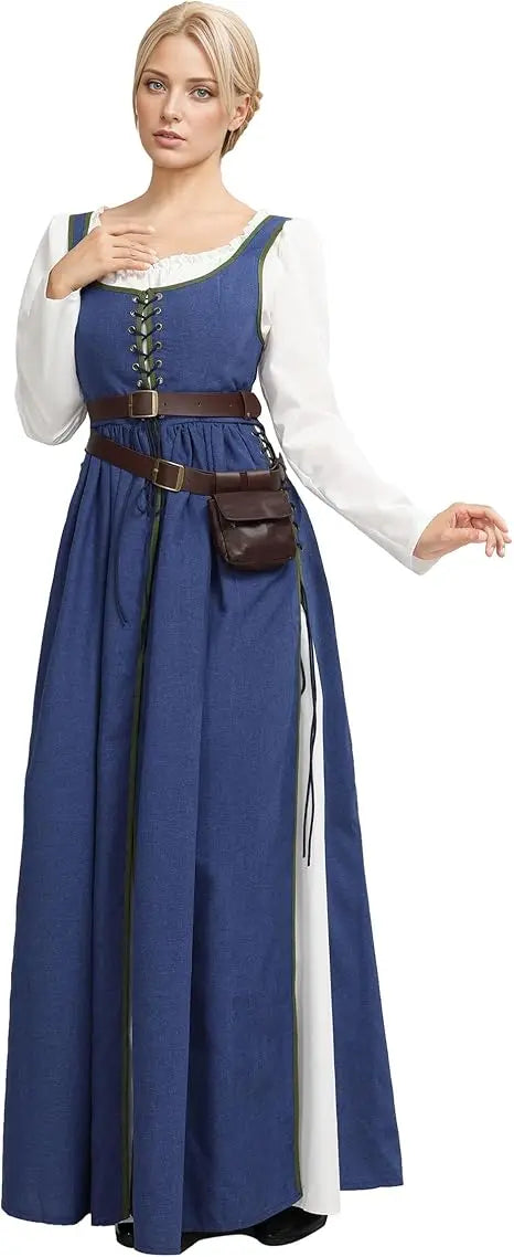 USA Stock DAIZBELLA Women Medieval Renaissance Dress Retro Viking Fake Two Piece Dress with Wasit Bag Cosplay Costume