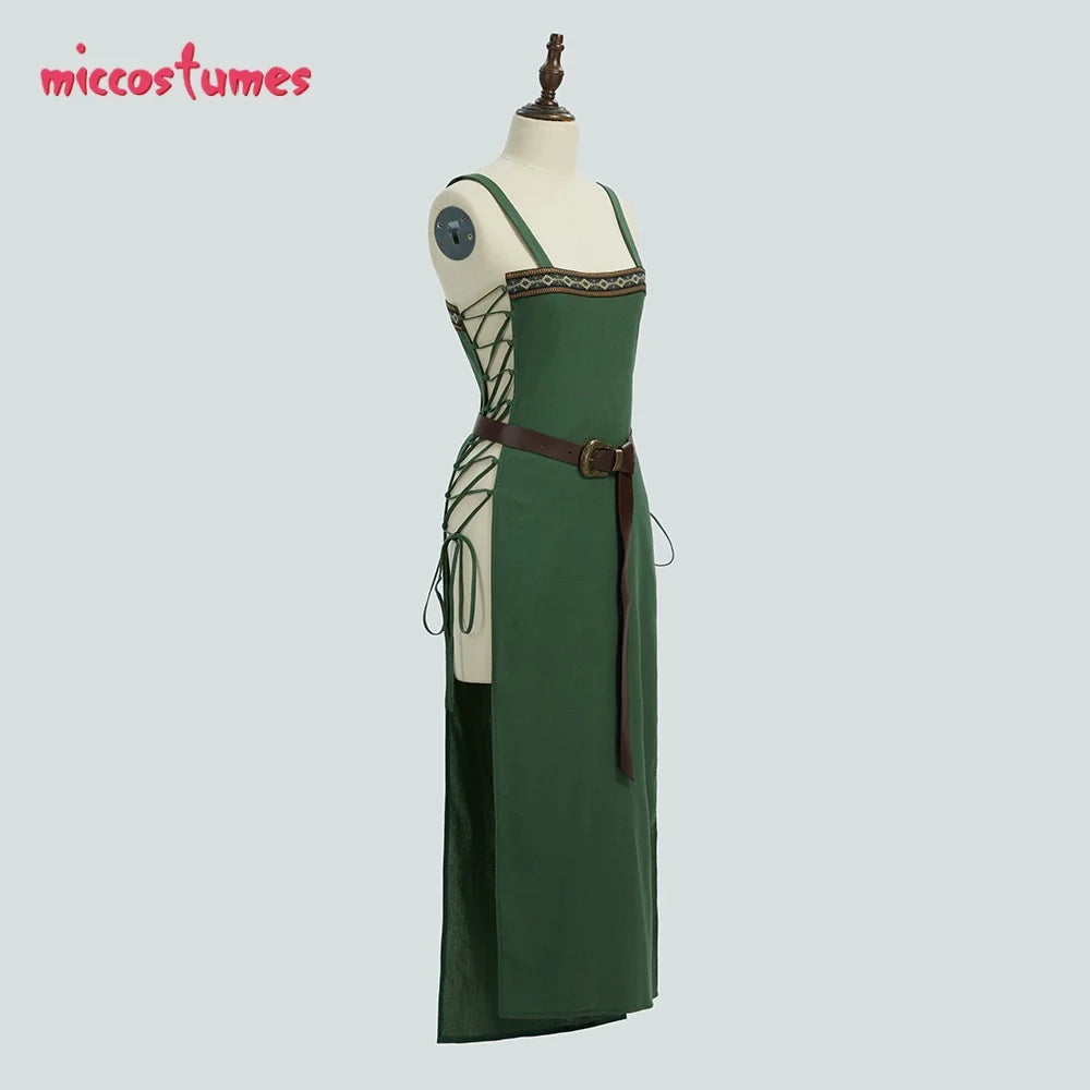 Miccostumes Women's Green Medieval Dress Viking Apron Medieval Strappy Over Dress with Belt