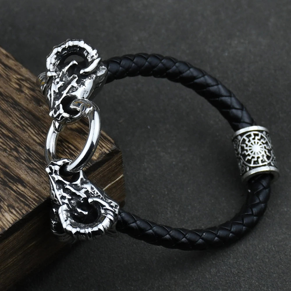 Viking Goat Head Bracelets Men Stainless Steel Vintage Viking Bangles rune Amulet Leather Icelandic Jewelry