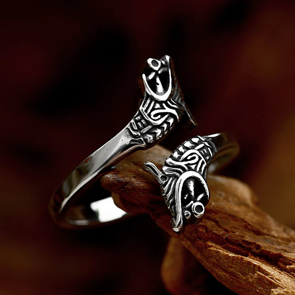 Fashion Vintage Stainless Steel Viking Dragon Head Rings Gothic Biker High Quality Animal Ring Men's Creative Jewelry Adjustable