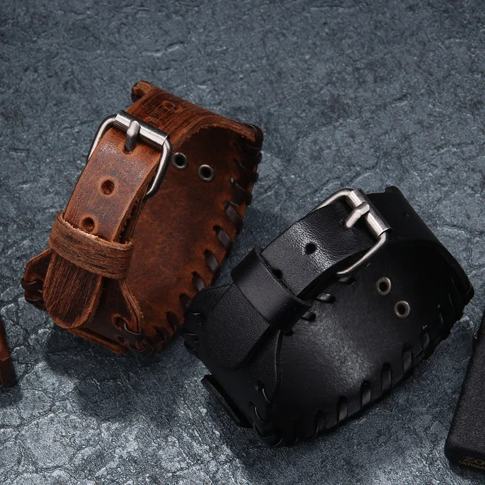 Punk Braided Rope Alloy Bracelet Wristband Adjustable Genuine Leather Bracelet Mens Leather Viking Totem Wristbands Wide Bangle