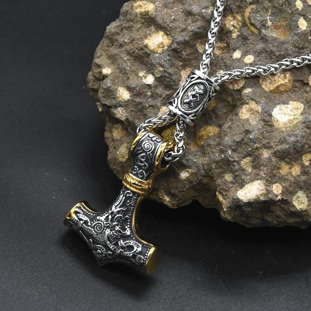 Norse Vikings Thor's Hammer Mjolnir Scandinavian Rune Amulet Keychain Stainless Steel Vegvisir Anchor Pendant Male Jewelry