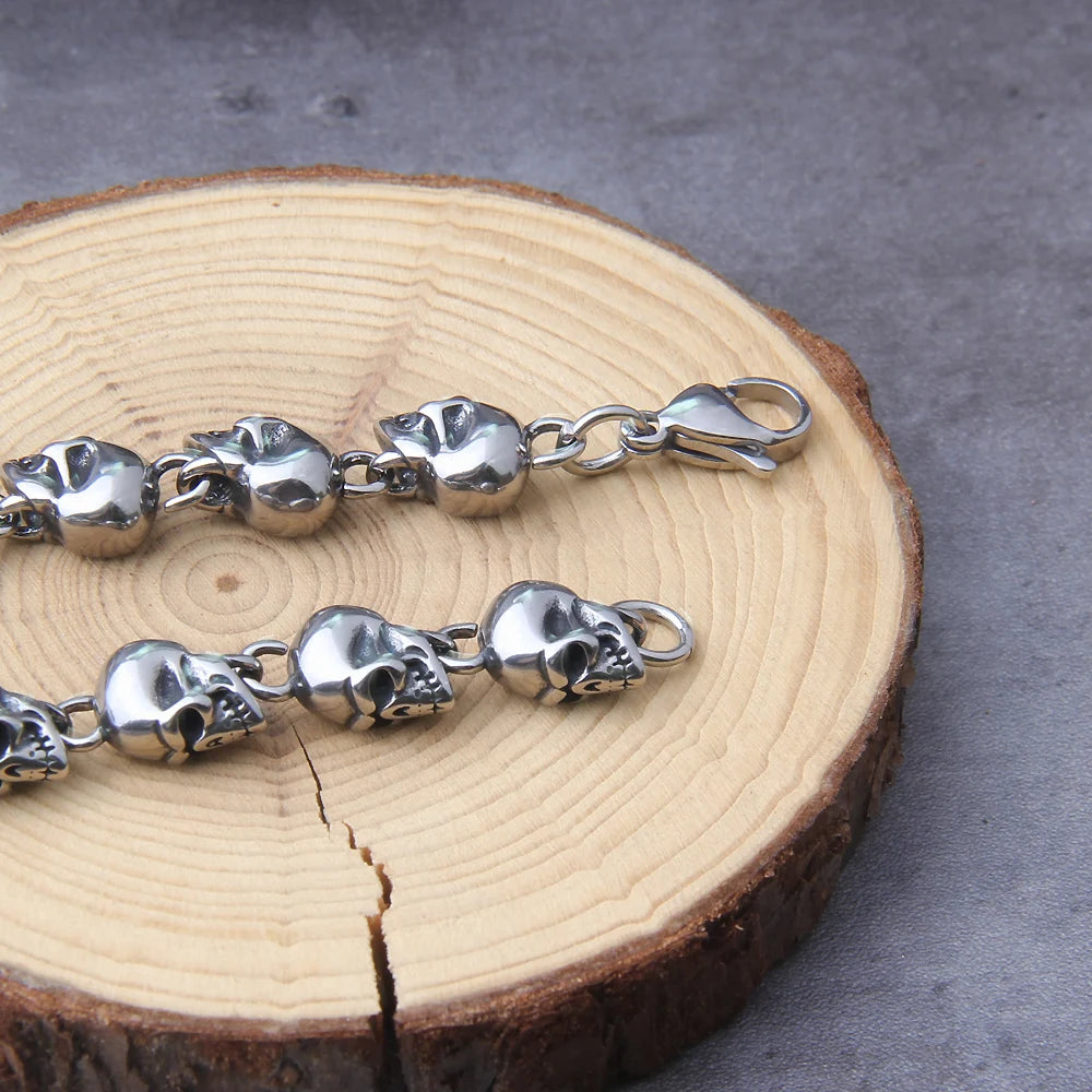 Stainless steel new design men punk skull chain necklace men fashion stainless steel charm bracelet jewelry with wooden box