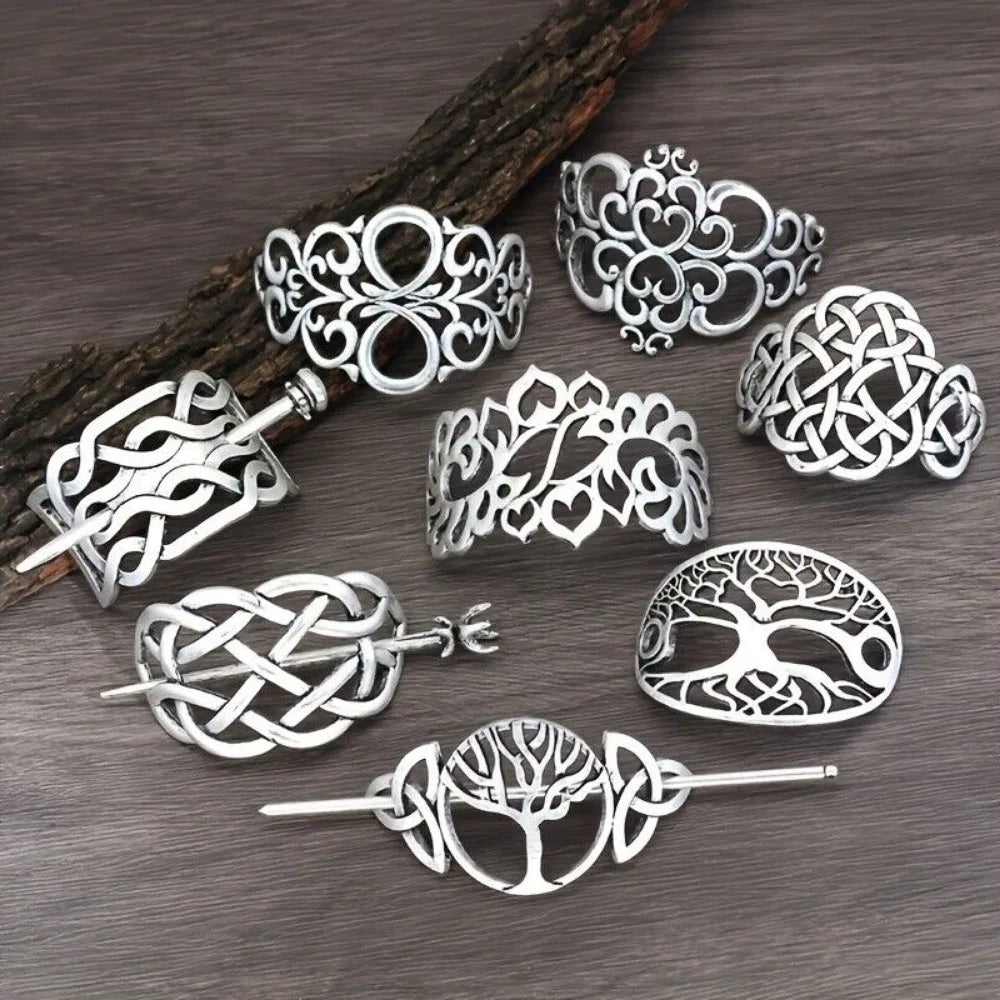 8PCS Hair Clips, Viking Celtic Hair Sticks, Celtic Knot Hairpin, Retro Silver Vintage Metal Hair Barrette, Viking Jewelry Clip