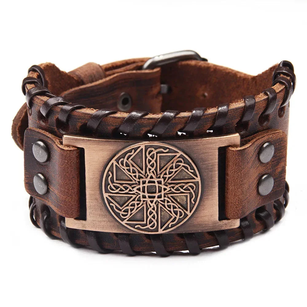 Punk Braided Rope Alloy Bracelet Wristband Adjustable Genuine Leather Bracelet Mens Leather Viking Totem Wristbands Wide Bangle