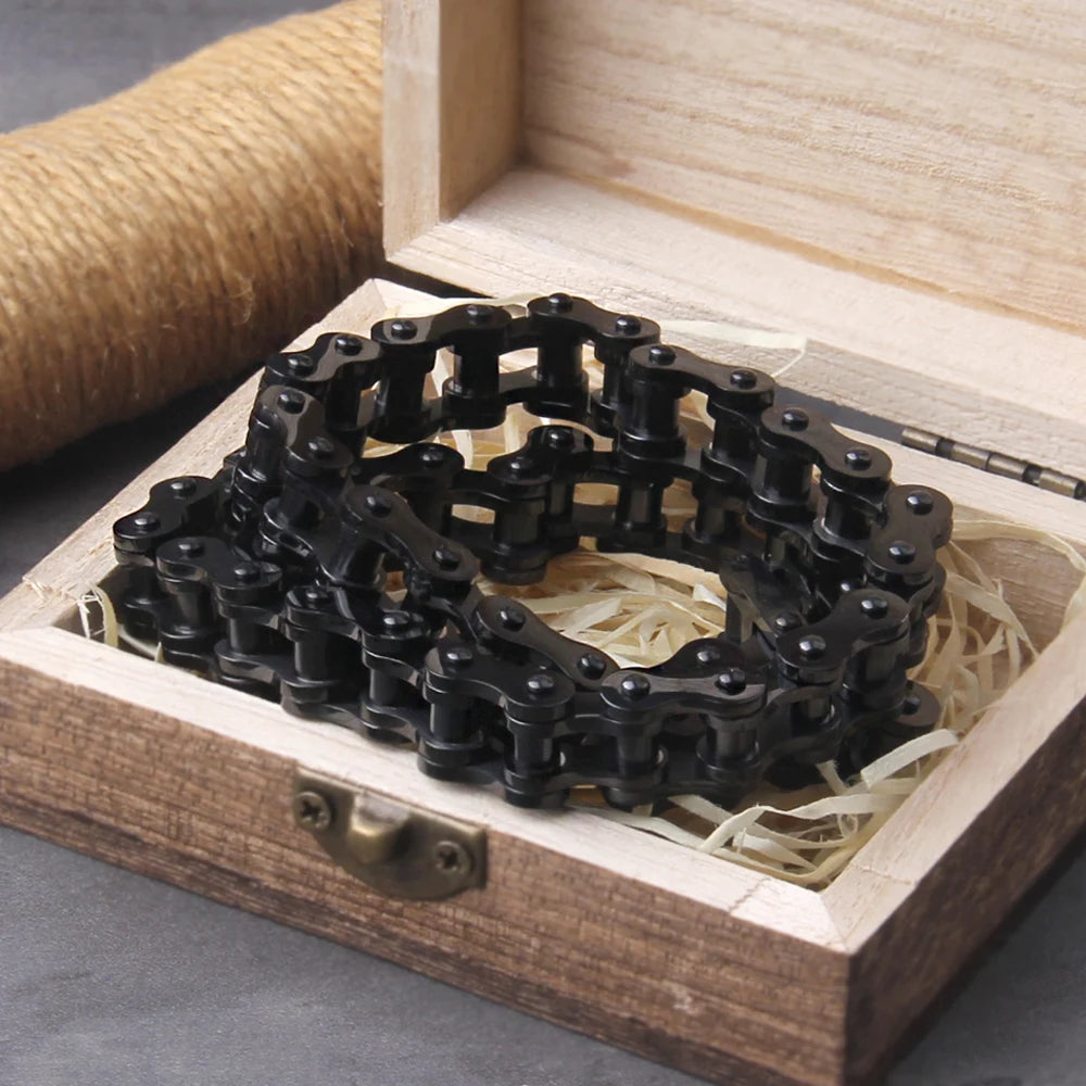 Punk Rock Stainless Steel Biker Mens Bracelet Link Chain Motorcycle Bike Bicycle Chain Bracelets Bangles Jewelry with wood box　