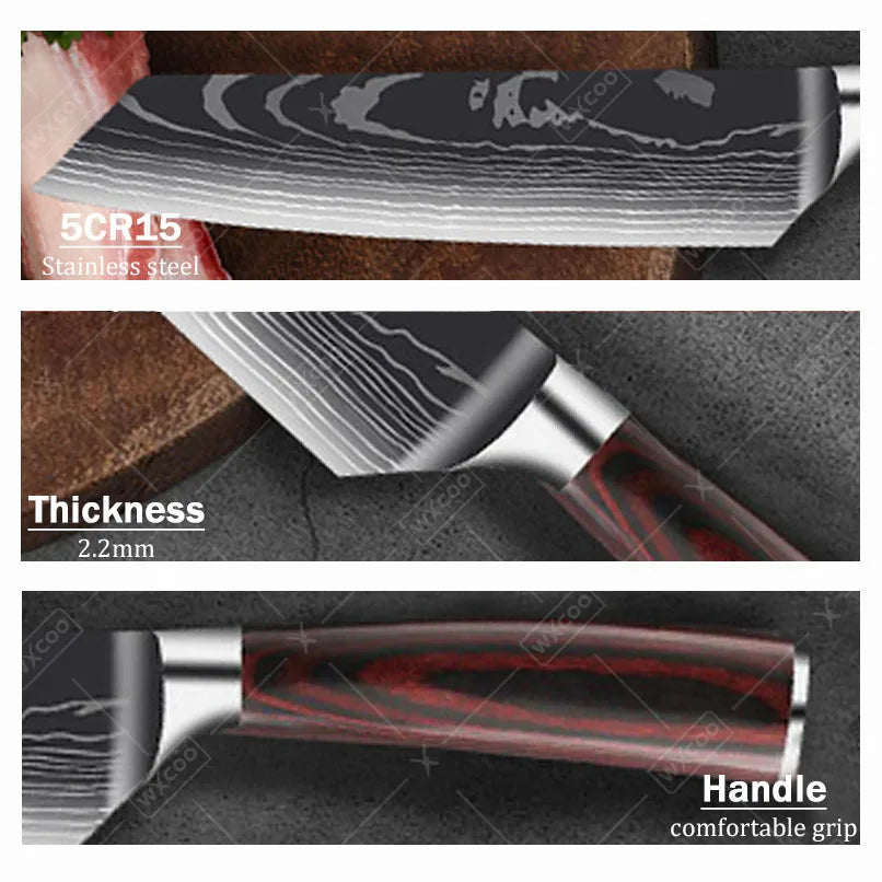 Stainless Steel Kitchen Knife Utility Knife With Painted Wood Handle 1pc Kitchen Meat Cleaver Damascus Pattern Cutting Knife