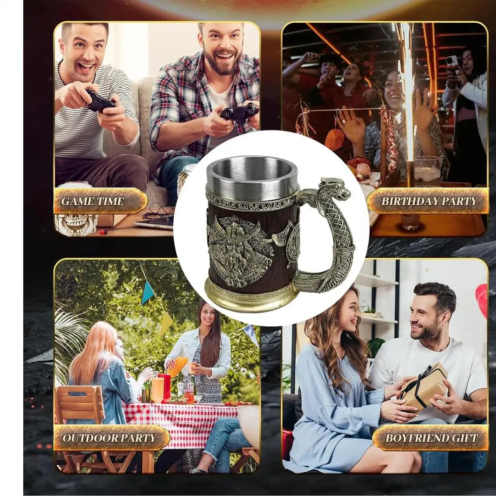 Tankard Mug 600ml Stainless Steel Beer Tankard Cup for Men Antique Men's Barrel Tankard Mug for Party Decoration Wooden Gift