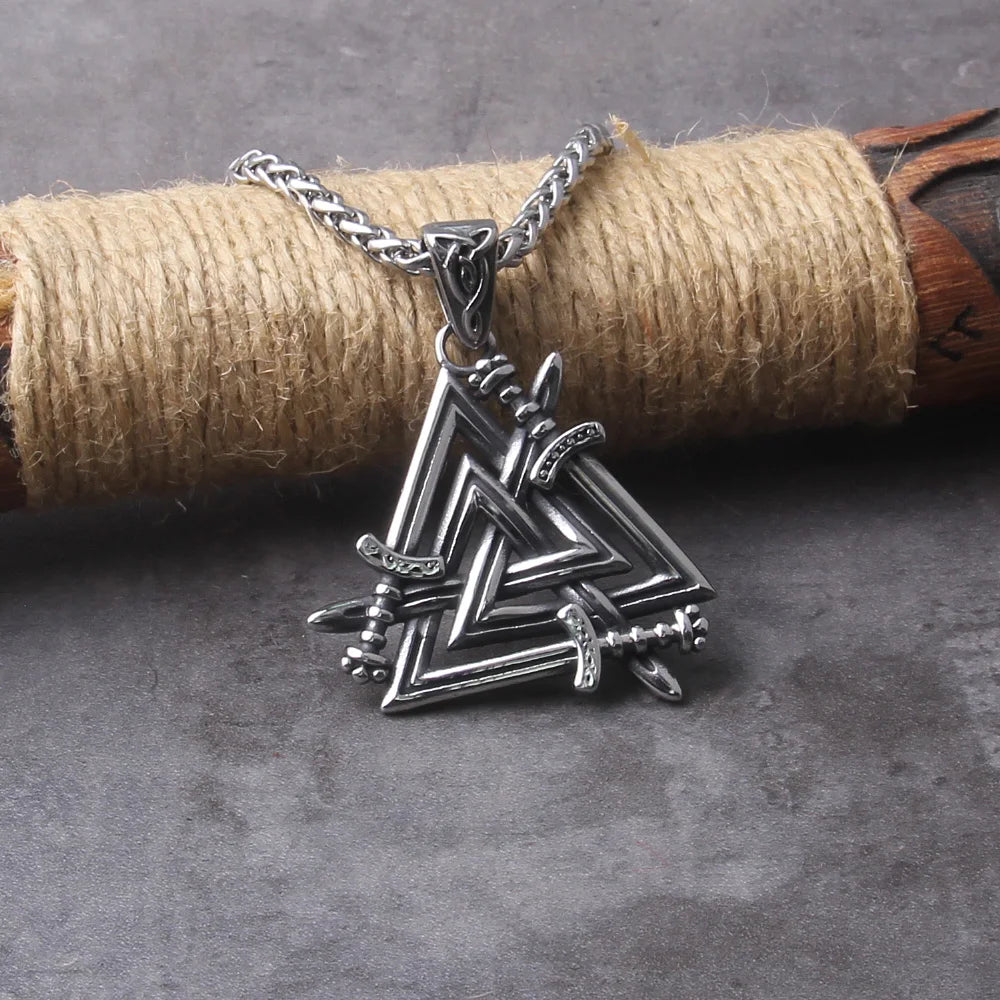Stainless Steel Sword Valknut Necklace Packed by Wooden Box as Gift - Perfect Viking Jewelry for Men