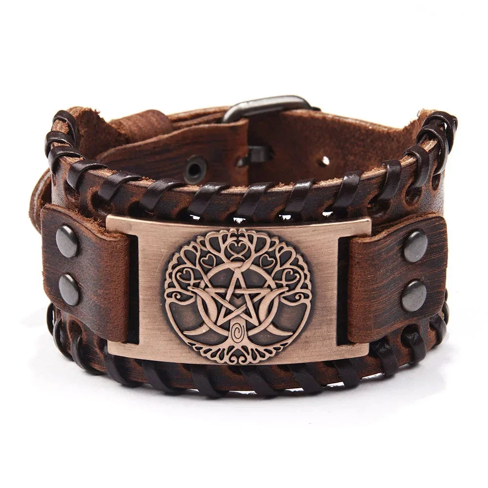 Punk Braided Rope Alloy Bracelet Wristband Adjustable Genuine Leather Bracelet Mens Leather Viking Totem Wristbands Wide Bangle