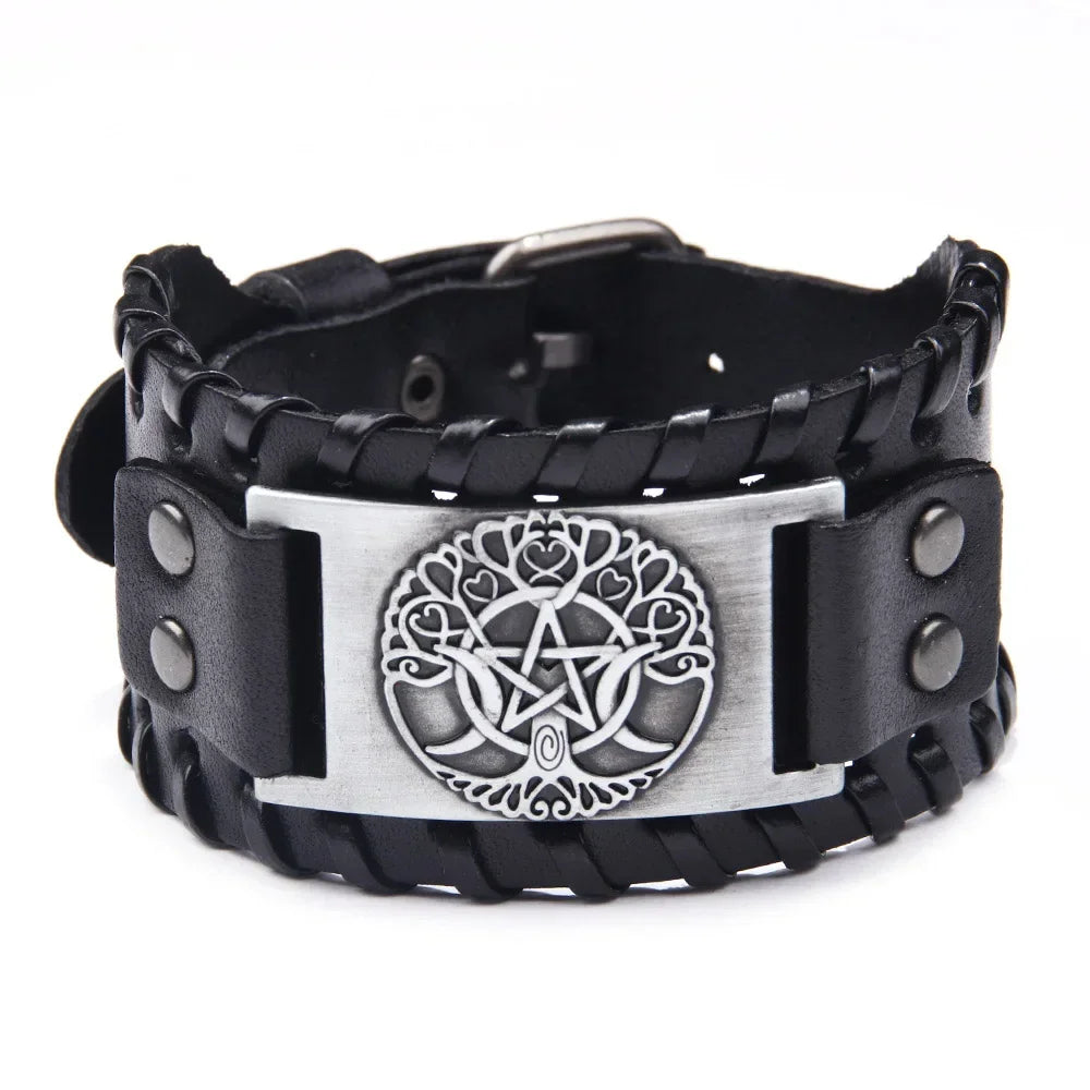 Punk Braided Rope Alloy Bracelet Wristband Adjustable Genuine Leather Bracelet Mens Leather Viking Totem Wristbands Wide Bangle