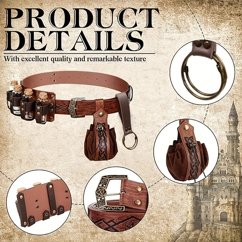 5-Piece Medieval Viking Artificial Leather Belt Set with Potion Bottle, Fashionable Scandinavian Portable Coin Purse, Skirt Mountaineering Waist Bag Accessories, Suitable for Thanksgiving, Christmas, Halloween Holiday Clothin
