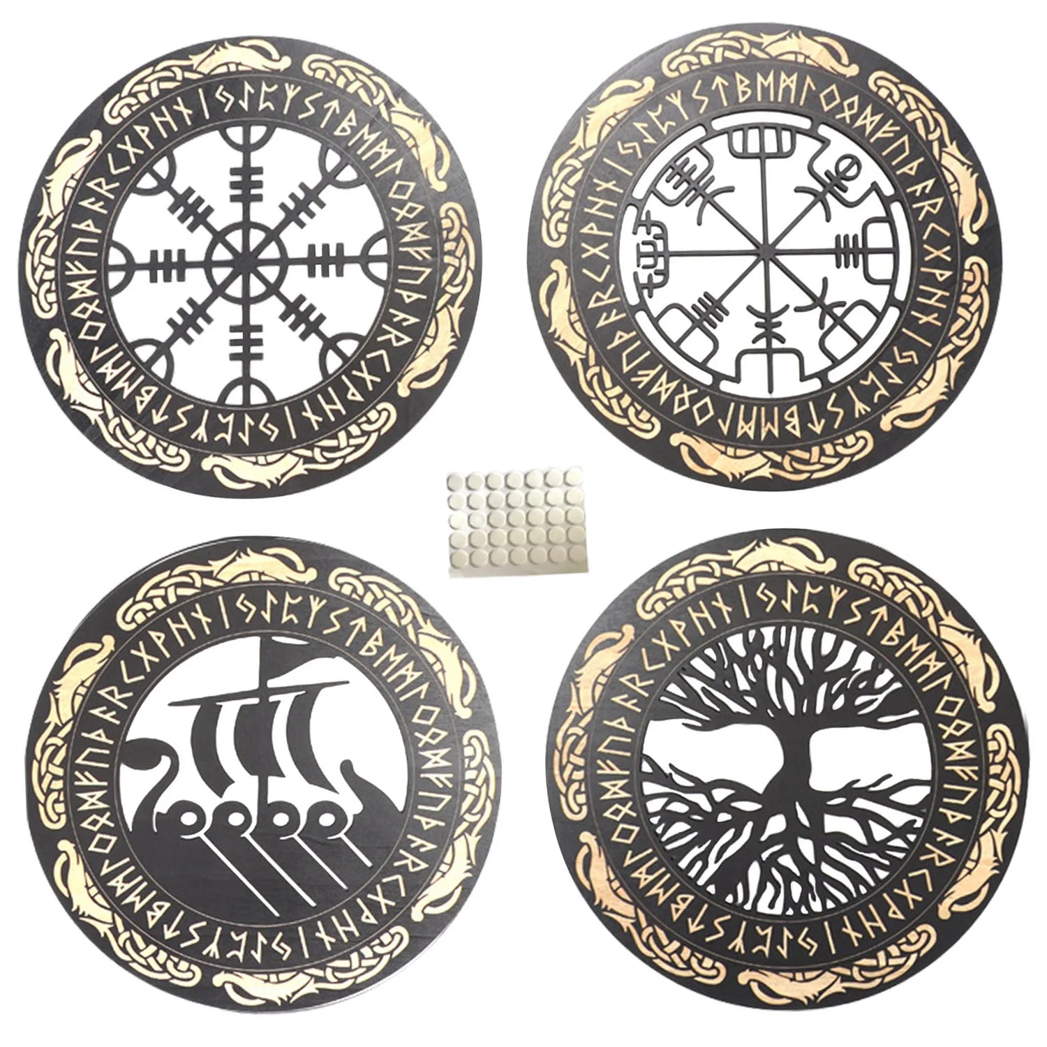 4PCS Set Round Wall Art Nordic Viking Runes Wooden Wall Decor Celtic Family Trees Viking Decor Amulet Sign Home Office Decor