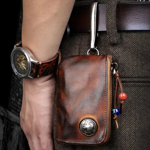 1pc Viking Sporran Portable Bourbon Brown Handcrafted Thick Leather Waist Bag Change Holder Keychain Coin Purse Wallet for Men