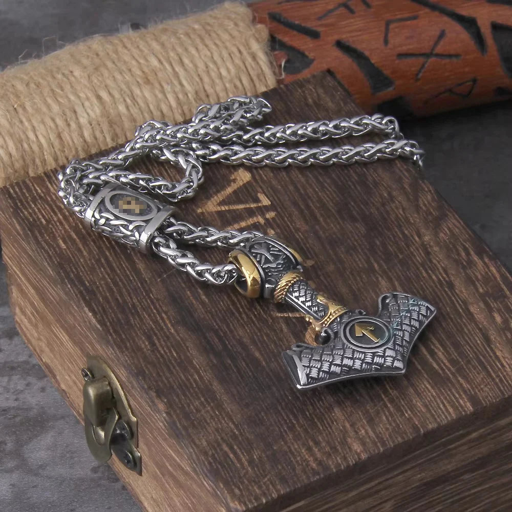 Norse Scandinavian Vienna Viking Valknut Necklace Men Vintage Stainless Steel Mjolnir Thor's Hammer Pendant Necklace Jewelry