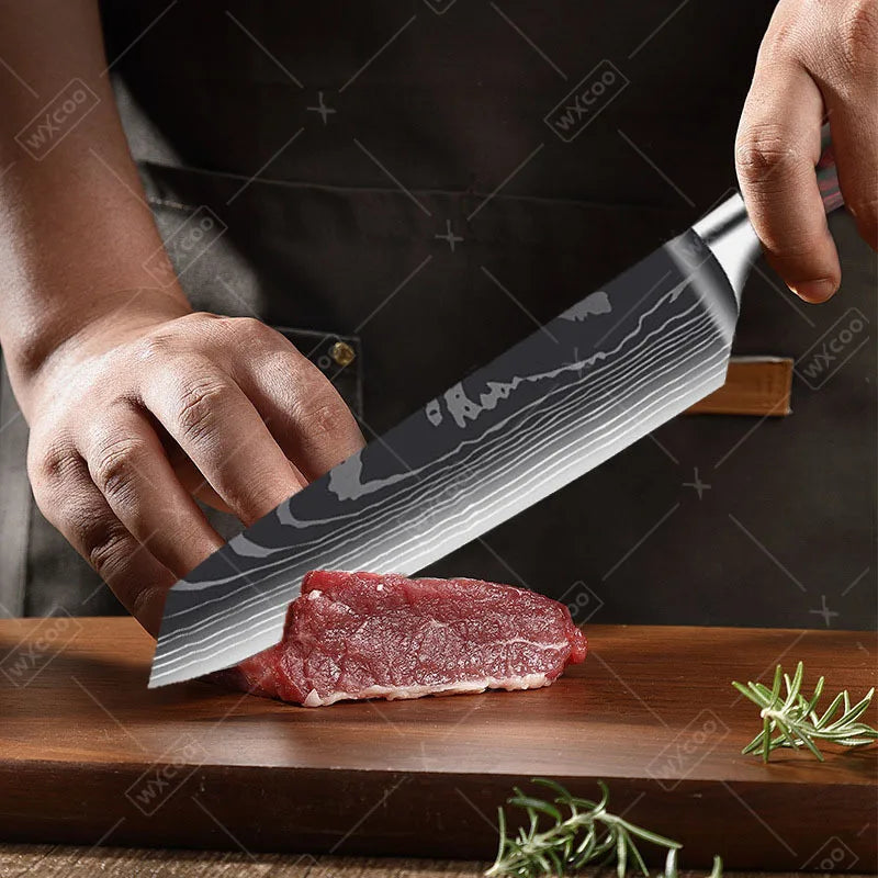 Stainless Steel Kitchen Knife Utility Knife With Painted Wood Handle 1pc Kitchen Meat Cleaver Damascus Pattern Cutting Knife