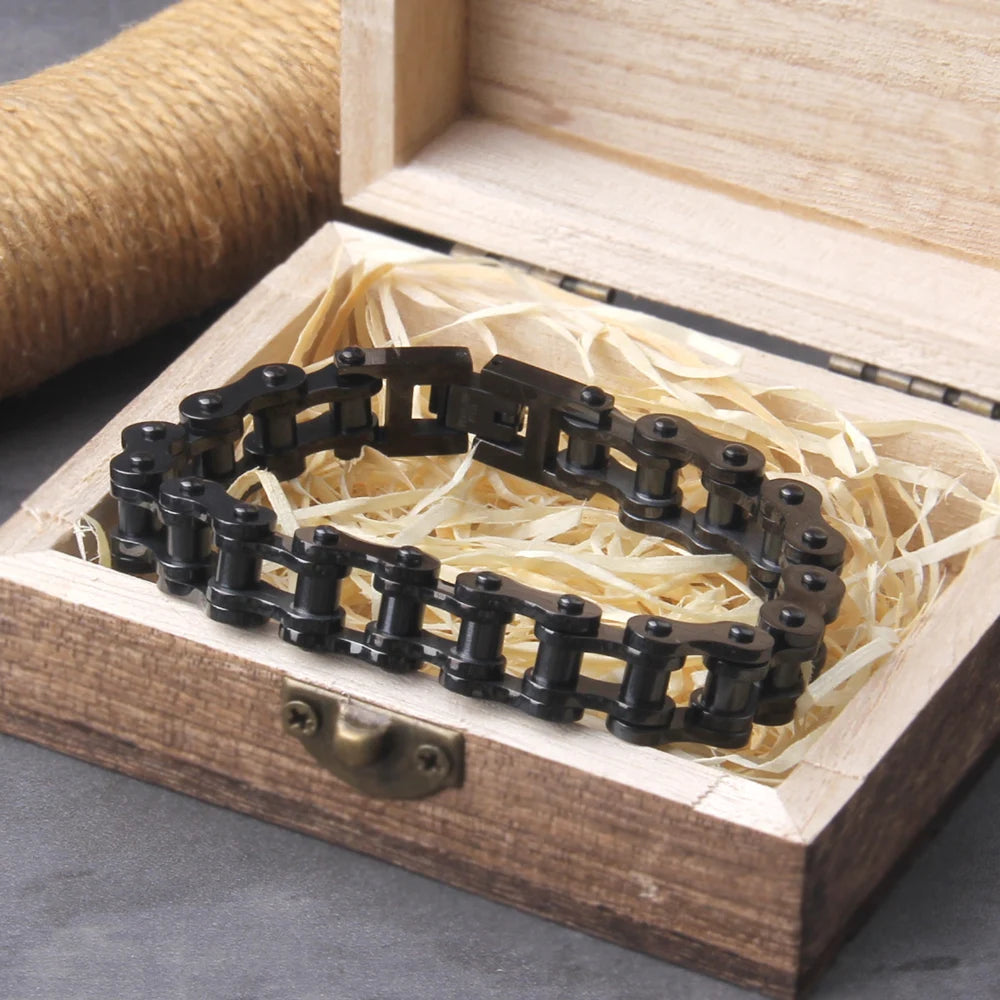 Punk Rock Stainless Steel Biker Mens Bracelet Link Chain Motorcycle Bike Bicycle Chain Bracelets Bangles Jewelry with wood box　