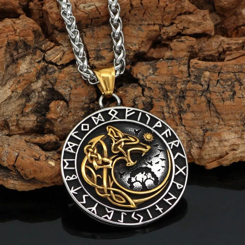 Viking Wolf  Rune Pendant Necklace Trendy Men Long