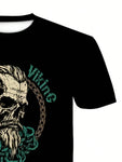 1pc Viking Skull Print T-Shirt for Men, Casual Crew Neck, 100% Polyester Knit Fabric, Reguler Print Design, S