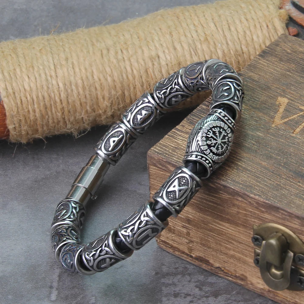 Stainless steel Runes Beads Men Bracelet Viking Rune Bracelet Fashion Charm Beads Bracelet wooden box