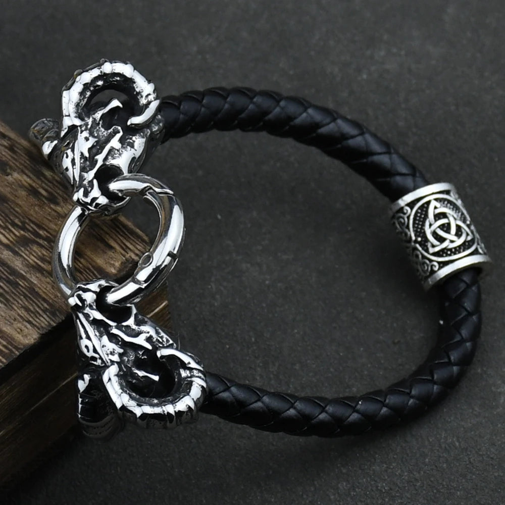 Viking Goat Head Bracelets Men Stainless Steel Vintage Viking Bangles rune Amulet Leather Icelandic Jewelry