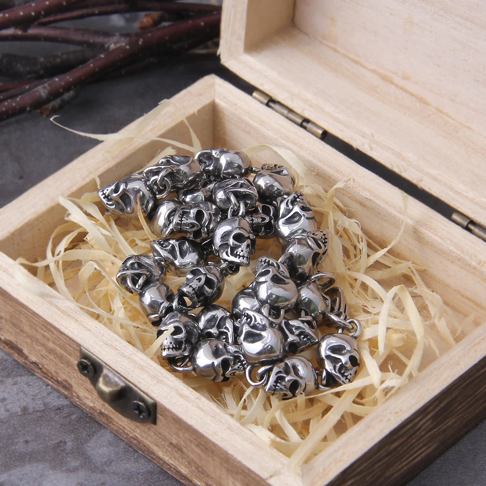 Stainless steel new design men punk skull chain necklace men fashion stainless steel charm bracelet jewelry with wooden box