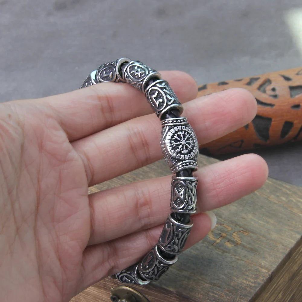 Stainless steel Runes Beads Men Bracelet Viking Rune Bracelet Fashion Charm Beads Bracelet wooden box