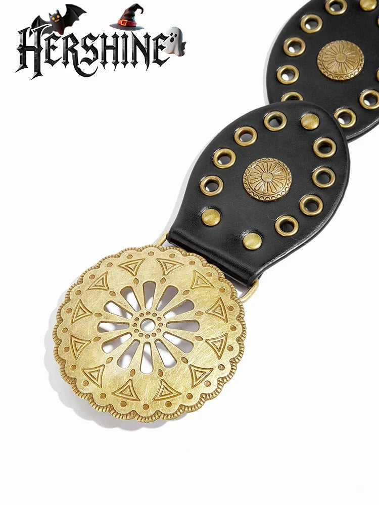 1 Pack Women's Hollow Flower Buckle Brown Oval Splicing Belt Belt Round Metal Eyelets Bohemian Western Style Viking Style