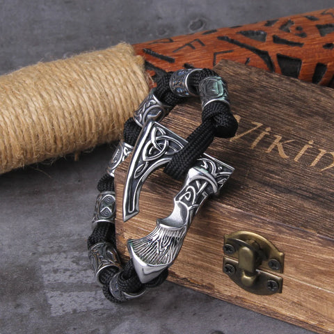 Never Fade Viking Axe punk beads bracelet for men stainless steel fashion climbing rope Jewelry with wooden box as gift