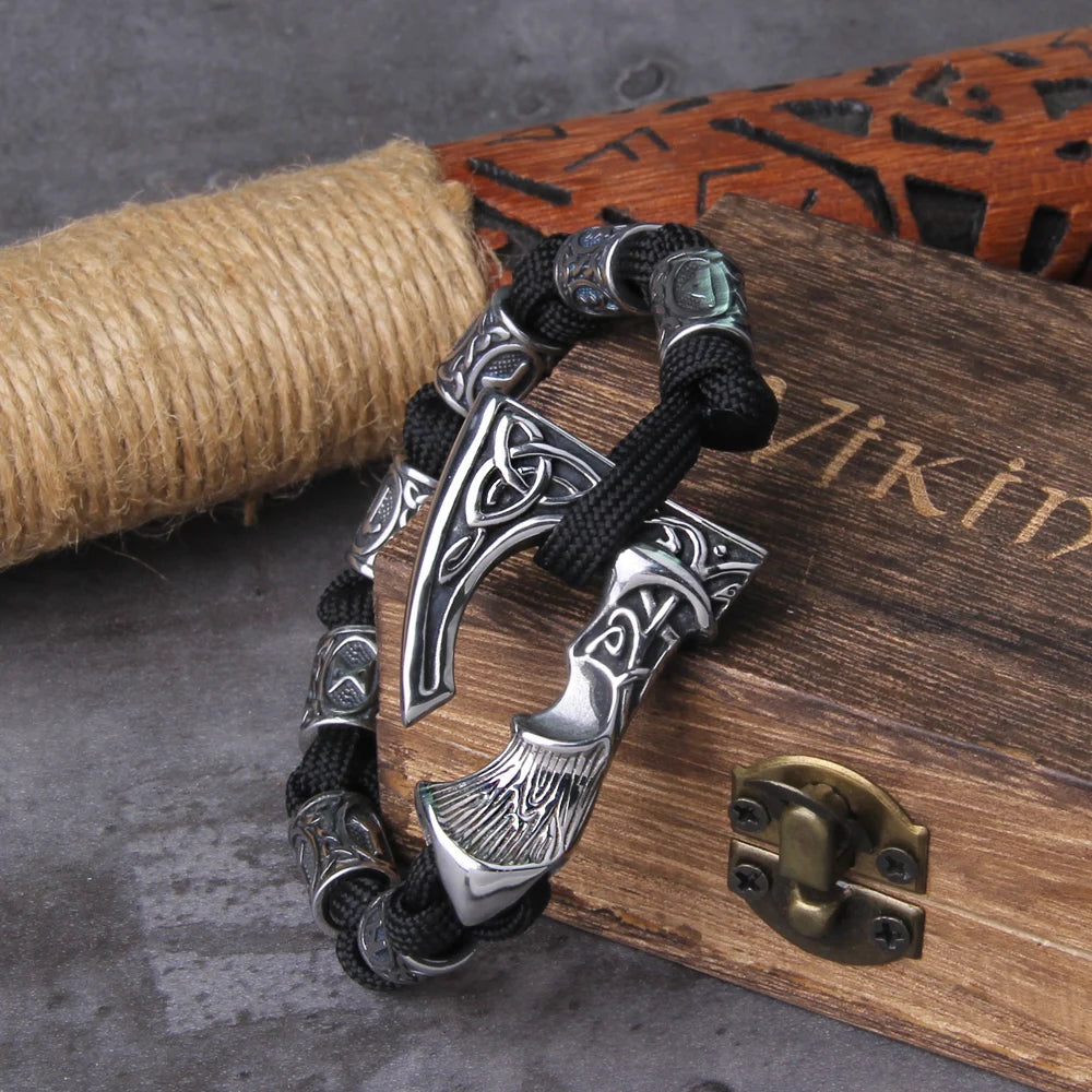 Never Fade Viking Axe punk beads bracelet for men stainless steel fashion climbing rope Jewelry with wooden box as gift