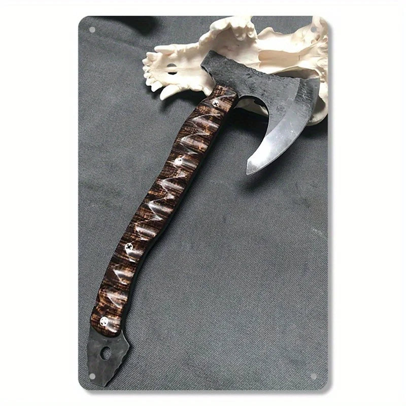 Viking Hawk Axe Metal Wall Art - 7.87" x 11.81" Iron Sign with Koa Wood & Brass Grip | Nautical Home Decor, Easy-to-Hang