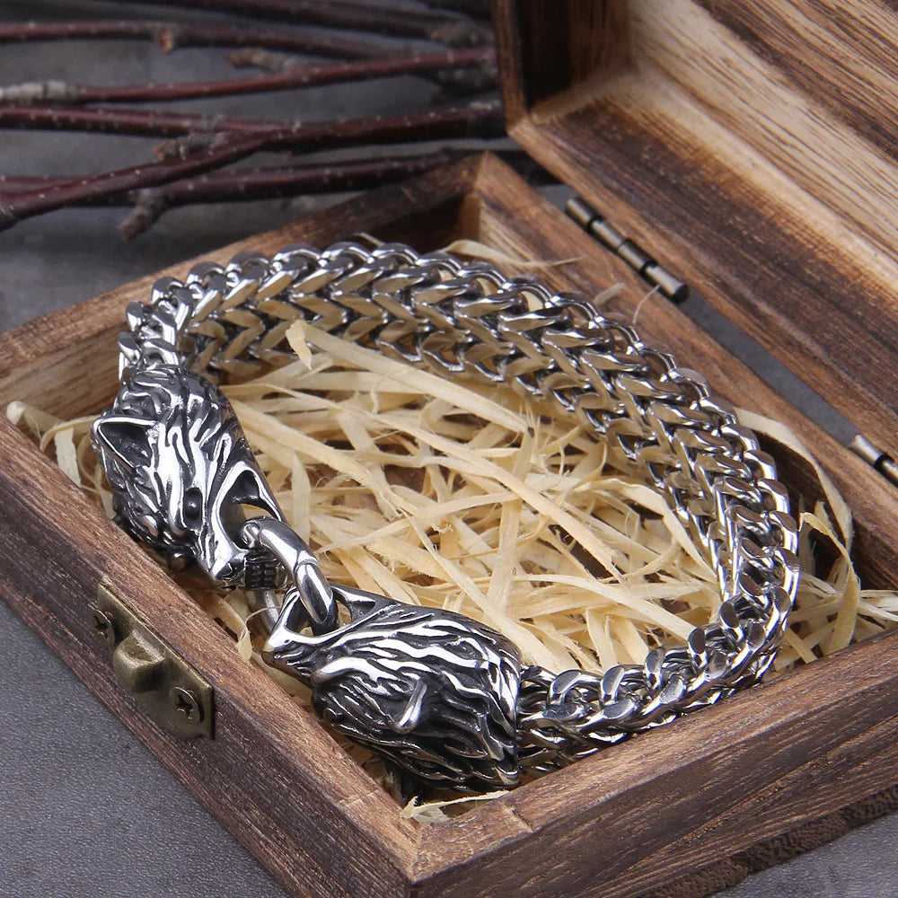 Never Fade Rock Viking Dragon Charm Bracelet Men's Stainless Steel Mesh Chain silver color Wolf Punk Bracelets Biker Jewelry
