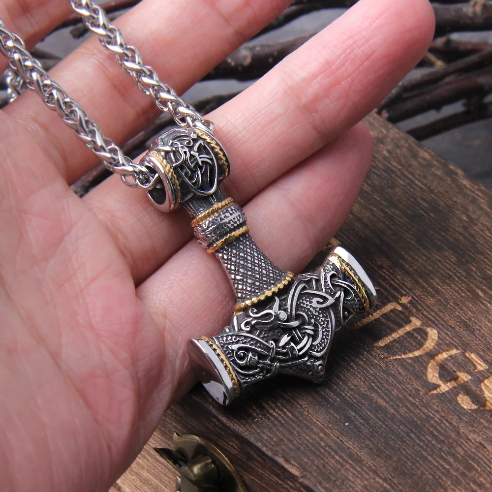 Stainless Steel Thor's Hammer Necklace Viking Dragon Necklace For Men Jewelry Talisman with wooden box as gift