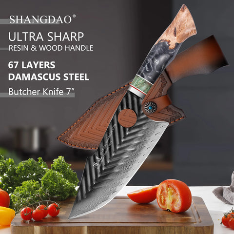SHANGDAO Damascus Butcher Knife 7 inch, Viking Cleaver Kitchen Knives with Leather Sheath - Hand Forged Resin & Wood Handle