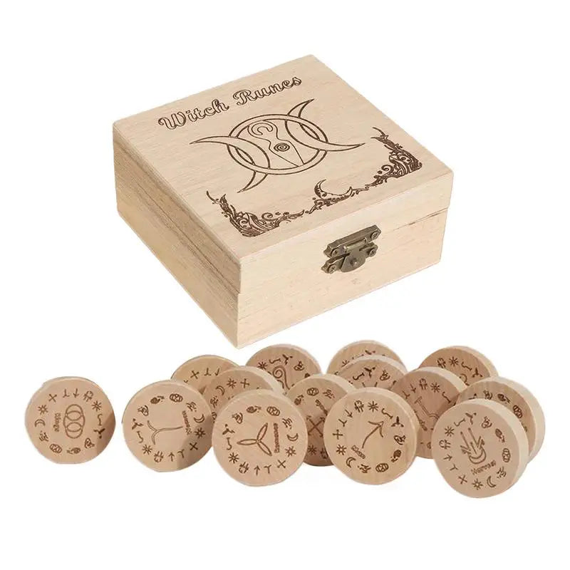 Witches Runes Set Altar Divination Tools with Storage Bag 13Pcs Wood Runes Altar Runes for Beginners Board Game