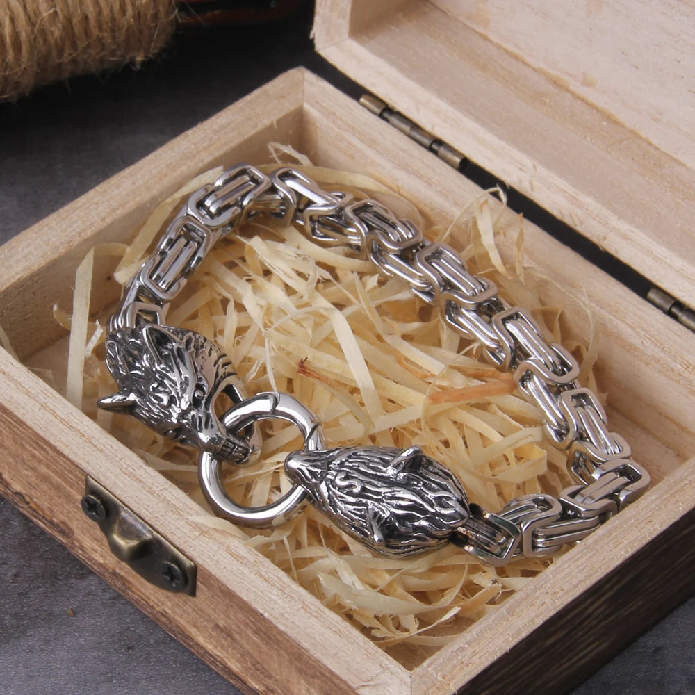 Never Fade Rock Viking Wolf Bracelet Men's Stainless Steel King Chain Wolf Punk Bracelets Biker Jewelry without box