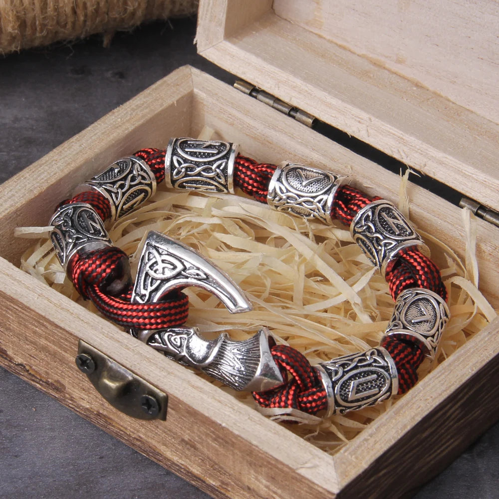 Never Fade Viking Axe punk beads bracelet for men stainless steel fashion climbing rope Jewelry with wooden box as gift