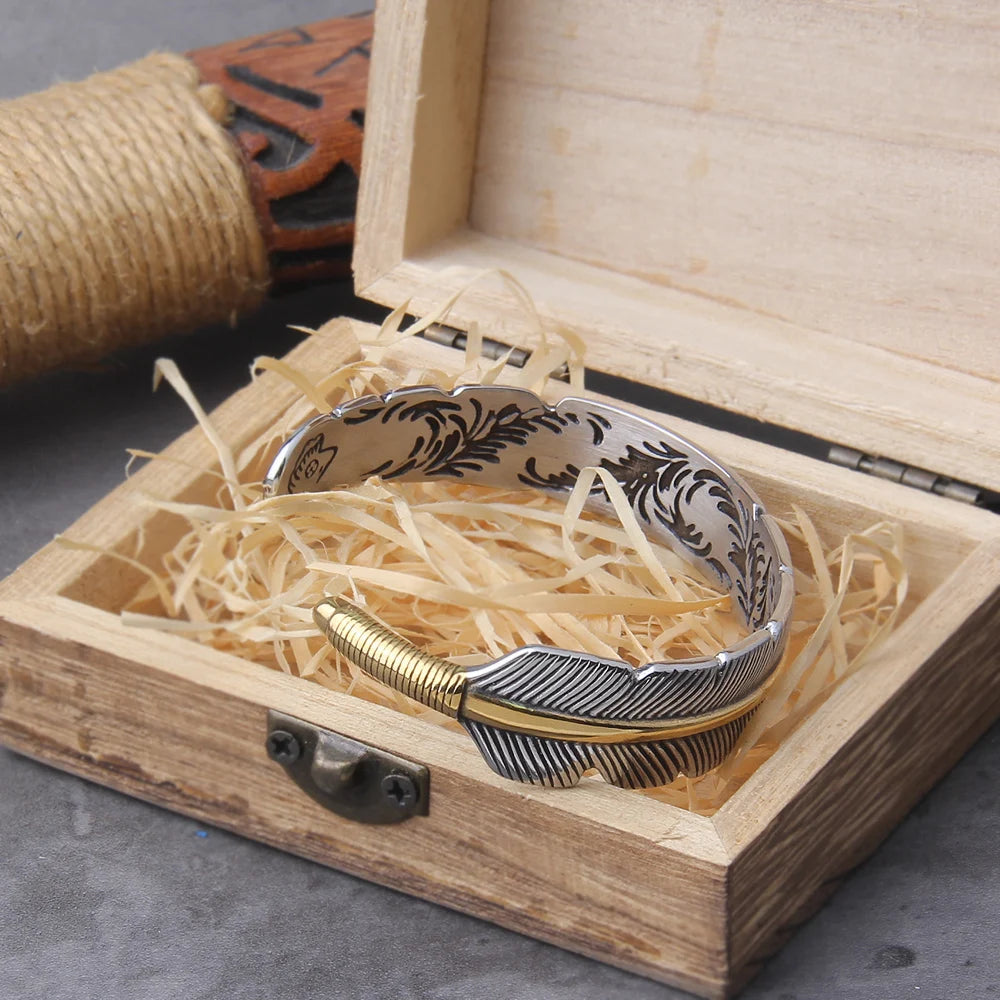 Personality Vintage Feather Silver Color Open Cuff Bracelet for Men Adjustable Bangle Jewelry Wrist Gift with wooden box
