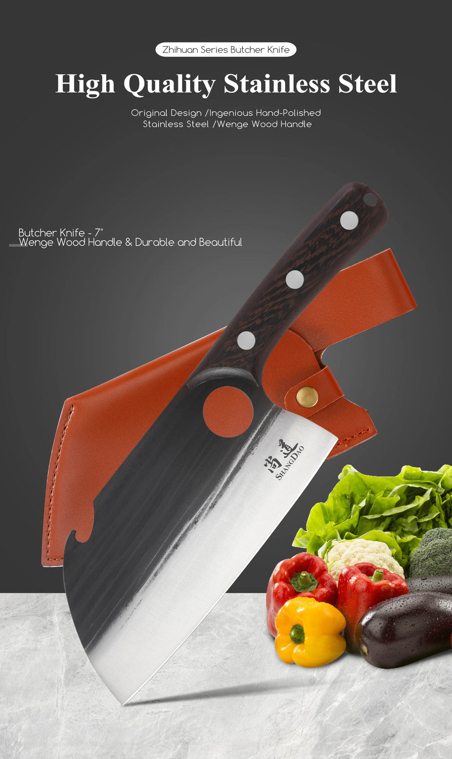 SHANGDAO 7"Deba Knife, Hand Forged Cleaver Butcher Knife for Meat Cutting, Japanese Kitchen Viking Knife with Sheath