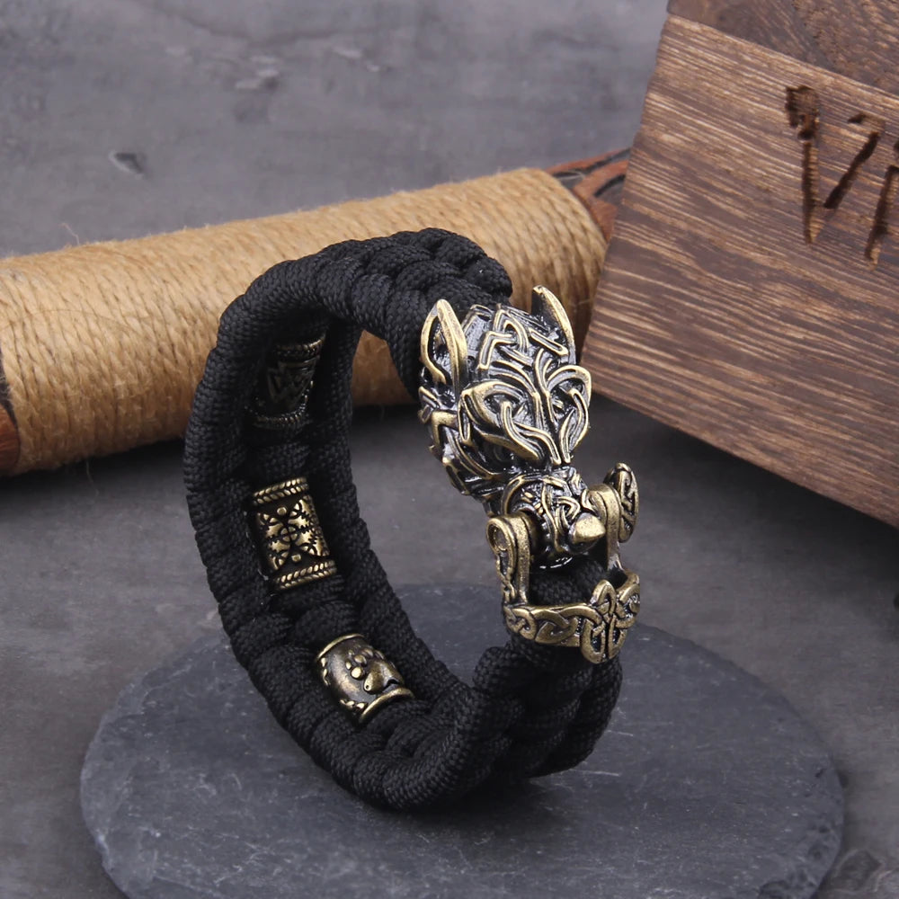 Never Fade Rock Viking Wolf Bracelet Men's handmade cord Wolf Bead Punk Bracelets Biker Jewelry