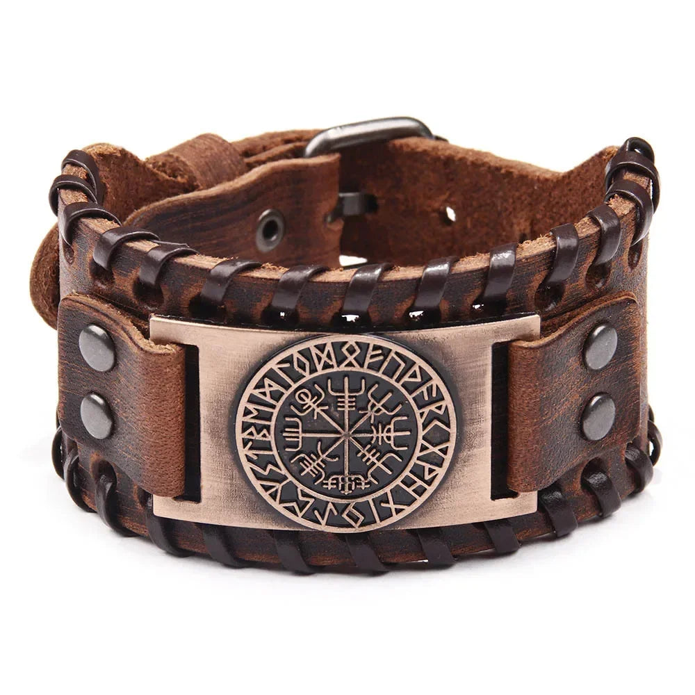Punk Braided Rope Alloy Bracelet Wristband Adjustable Genuine Leather Bracelet Mens Leather Viking Totem Wristbands Wide Bangle