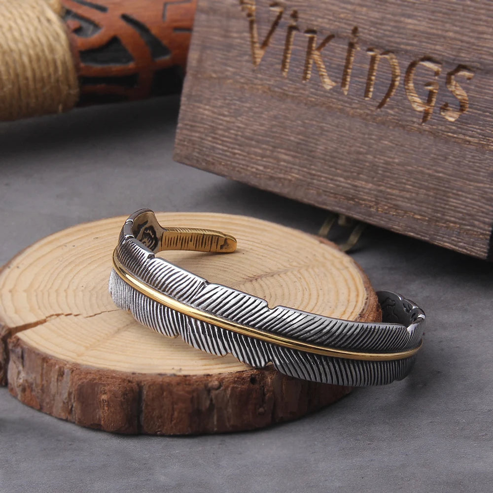 Personality Vintage Feather Silver Color Open Cuff Bracelet for Men Adjustable Bangle Jewelry Wrist Gift with wooden box