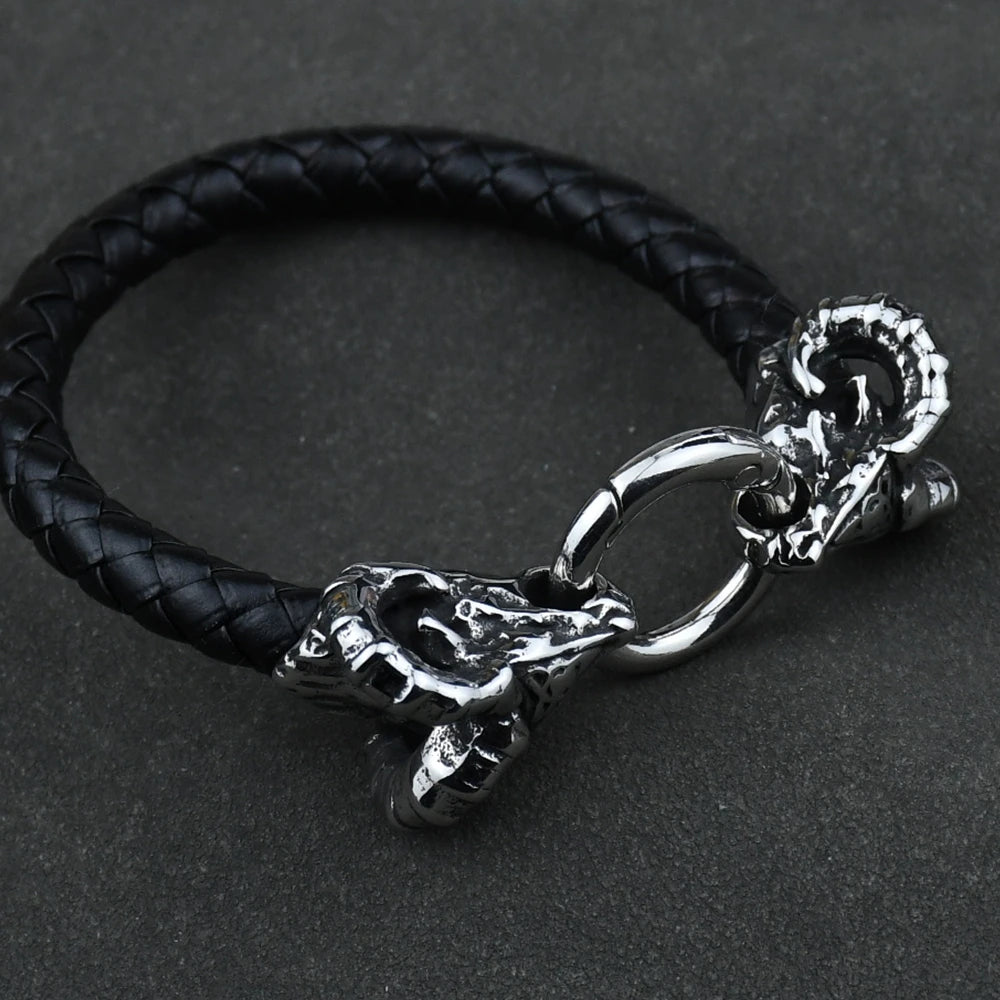 Viking Goat Head Bracelets Men Stainless Steel Vintage Viking Bangles rune Amulet Leather Icelandic Jewelry